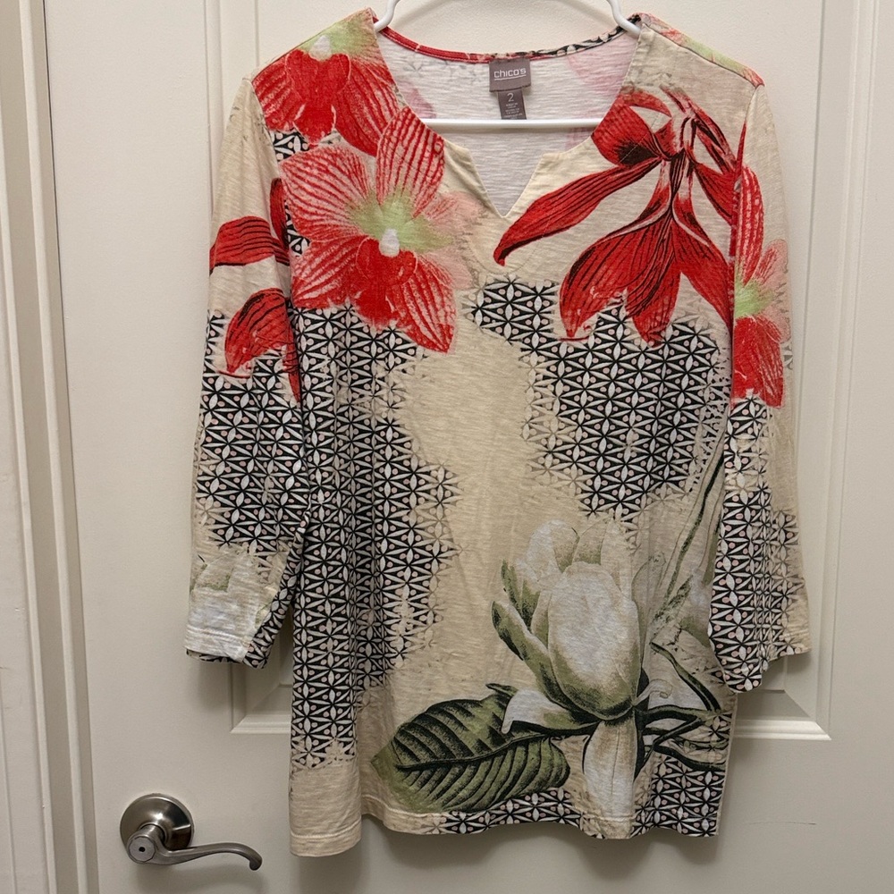 Chico's Cream Tunic with Red Floral & Green Leaf Print